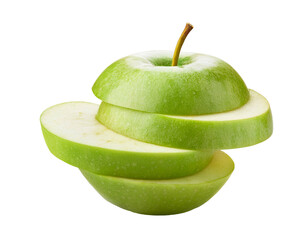 Sliced green apple floating on transparent background