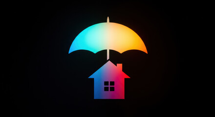Umbrella over colorful house silhouette