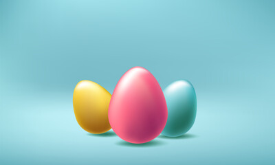 Easter day golden egg background. 3d vector png, April happy holiday isolated podium scene. Spring greeting card realistic design, Mini gift pile web header banner, blue pink gold illustration poster