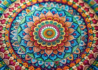Fototapeta premium Psychedelic Boho Mandala Art Print: Vibrant Colors, Intricate Design, Candid Photography