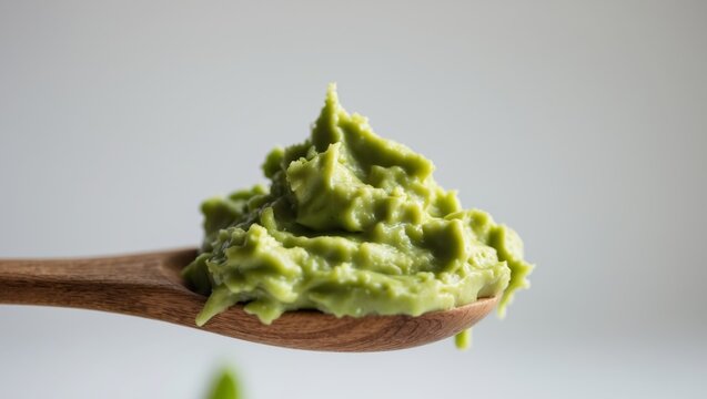 Wooden Spoon Holding Creamy Mashed Avocado Mixture Close Up