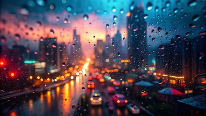 Fototapeta premium Rainy City Dusk: Drone View of Raindrops on Window, Blurred Headlights