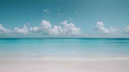 Fototapeta premium A serene beach scene featuring crystal-clear blue water gently lapping at the shore, a sunny sky with fluffy white clouds, vibrant yet calming colors. travel brochures or summer product branding.