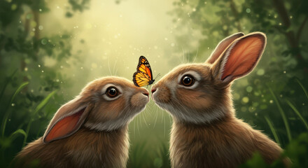 Obraz premium Rabbits touching noses with butterfly in lush green forest
