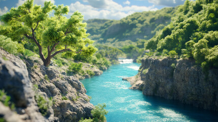 Fototapeta na wymiar Breathtaking aerial view of canyon with turquoise river flowing through lush green vegetation on sunny summer day