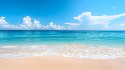 Obraz premium A serene beach scene featuring crystal-clear blue water gently lapping at the shore, a sunny sky with fluffy white clouds, vibrant yet calming colors. travel brochures or summer product branding.