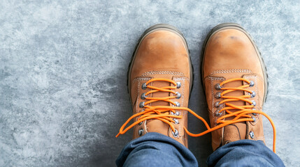 Safety boots with vibrant orange laces resting on rough concrete, highlighting protective gear in industrial work environment