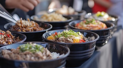 Obraz premium Delicious Asian Food Bowls Various Dishes Restaurant Takeout Fresh Ingredients Healthy Meal Preparation Cooking Food Photography Restaurant Food Asian