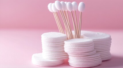 Stacked cotton pads with applicators on pink