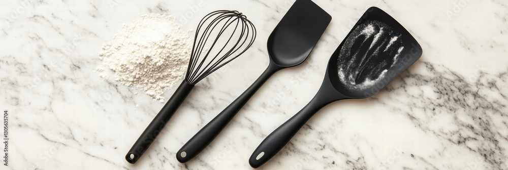 Poster Essential cooking tools arranged on a marble countertop for baking enthusiasts and aspiring chefs to use in the kitchen. Generative AI