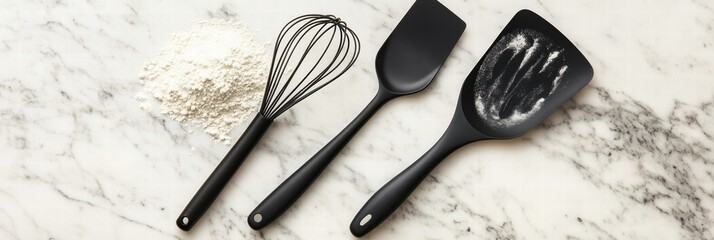 Essential cooking tools arranged on a marble countertop for baking enthusiasts and aspiring chefs to use in the kitchen. Generative AI