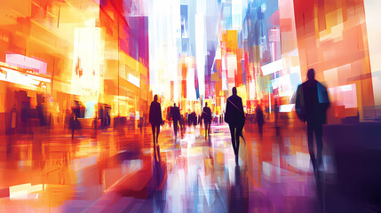 Fototapeta premium A vibrant urban scene with blurred pedestrians walking in a bustling shopping district, capturing the essence of city life. Movement - River. Illustration