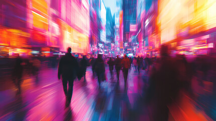 A vibrant urban scene with blurred pedestrians walking in a bustling shopping district, capturing the essence of city life. Movement - River. Illustration