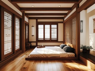 An inviting japanese style bedroom with wood accents and natural light