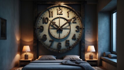 Naklejka premium Large Vintage Clock Above Bed in Modern Bedroom Interior Design