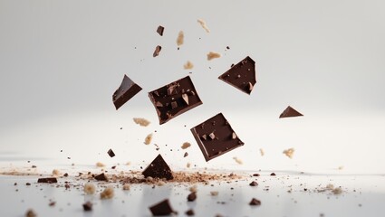 Floating chocolate pieces with crumbs in motion