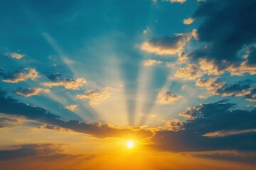 Breathtaking sunset over a calm horizon with radiant colors and scenic cloud formations during evening hours. Generative AI