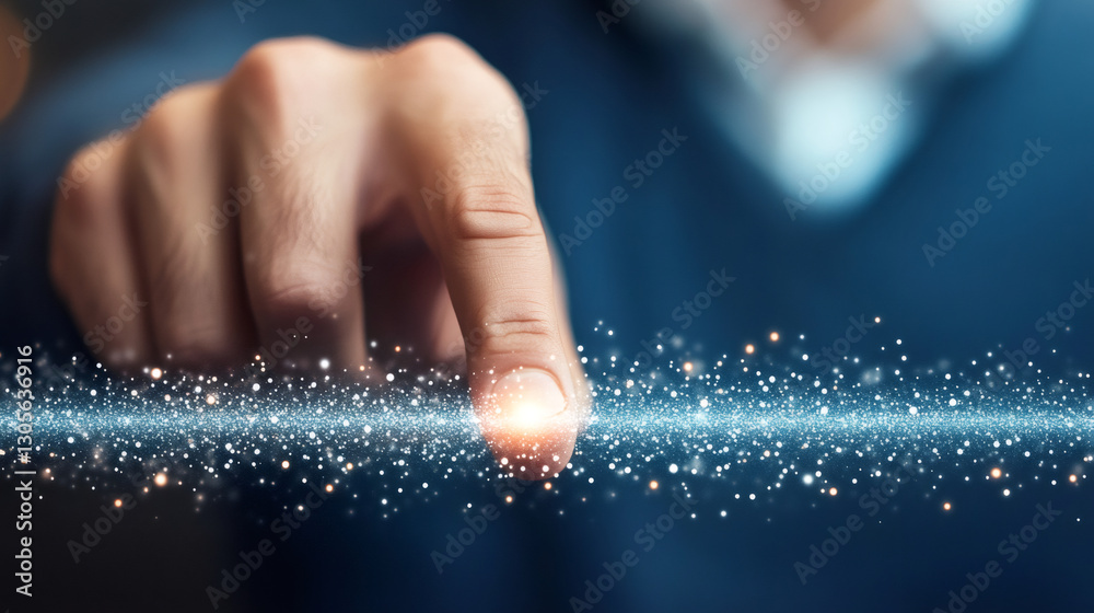 Poster businessman activating a cutting-edge digital data stream with his fingertip, engaging in a vibrant 