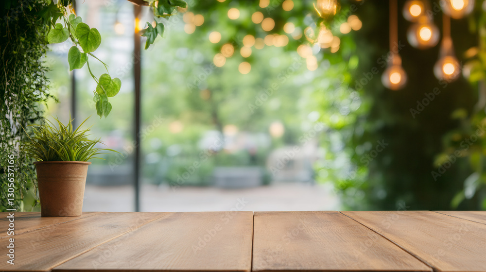 Poster empty wooden table with blurred cafe background and hanging light bulbs, perfect for product placeme