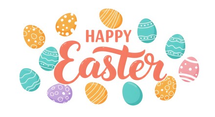 Festive Happy Easter Greeting with Colorful Decorated Eggs Background