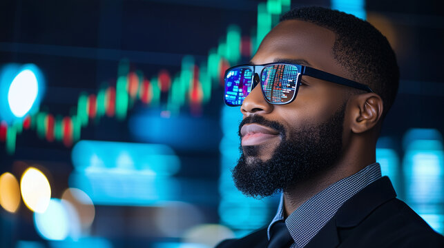 Black Trader Analyzing Holographic Investment Charts in Modern Office