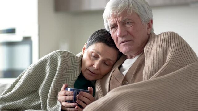 Elderly wife and husband with flu, fever symptoms waiting for doctor, sits together on couch at home, hugging, drinking hot tea. Mature couple wrapped in blankets, experiencing shivering during a cold