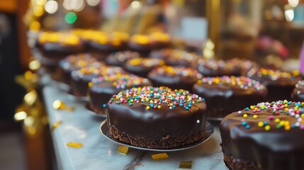Chocolate cakes with colorful sprinkles displayed in a bakery during daylight hours. Generative AI