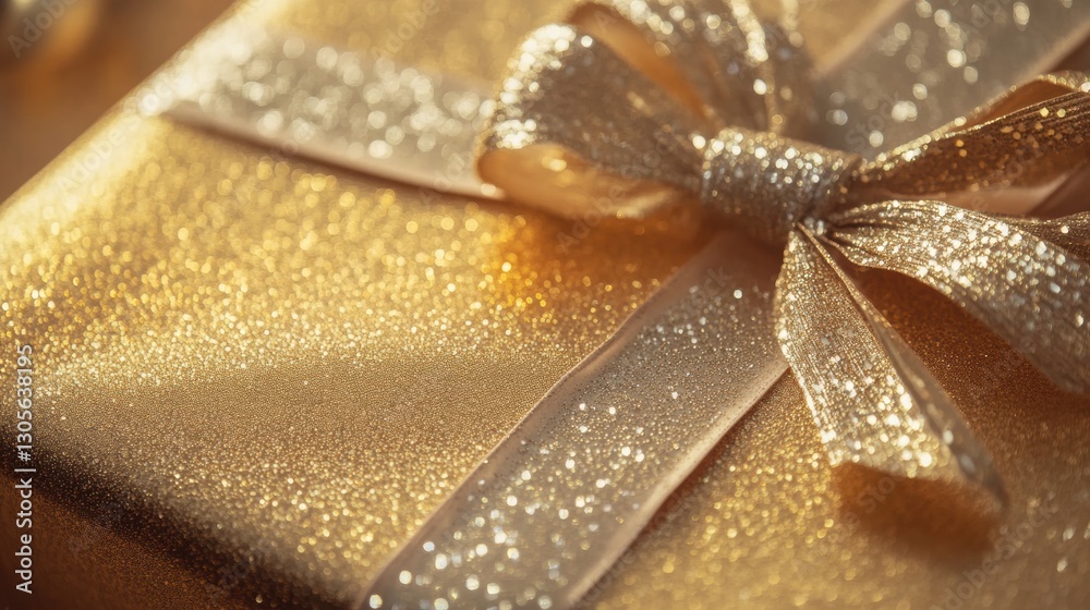 Poster golden gift wrapped with a shiny ribbon on a festive background for a special occasion. generative a