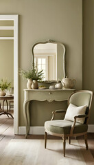 A classic chair mirror table and decorative elements in a room