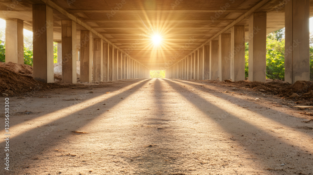 Poster Sun shining at the end of a highway overpass bridge still under construction, creating beautiful light rays and shadows