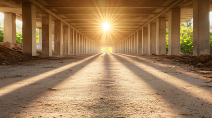 Fototapeta premium Sun shining at the end of a highway overpass bridge still under construction, creating beautiful light rays and shadows
