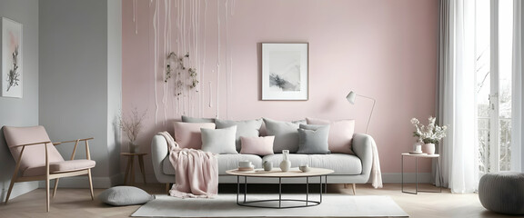 A modern living room decorated with soft colors and contemporary furniture