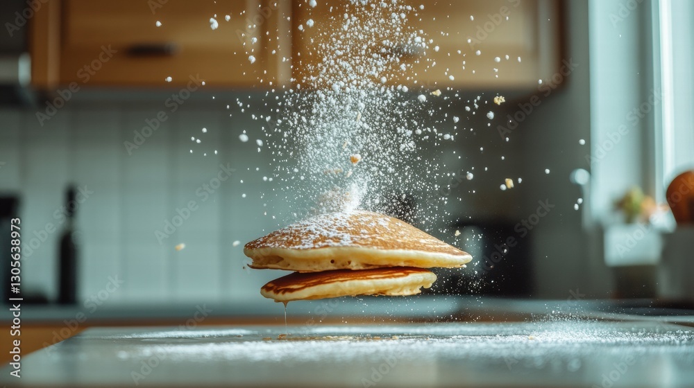 Aufkleber fluffy pancakes dusted with powdered sugar float in mid air in a cozy kitchen setting during the day