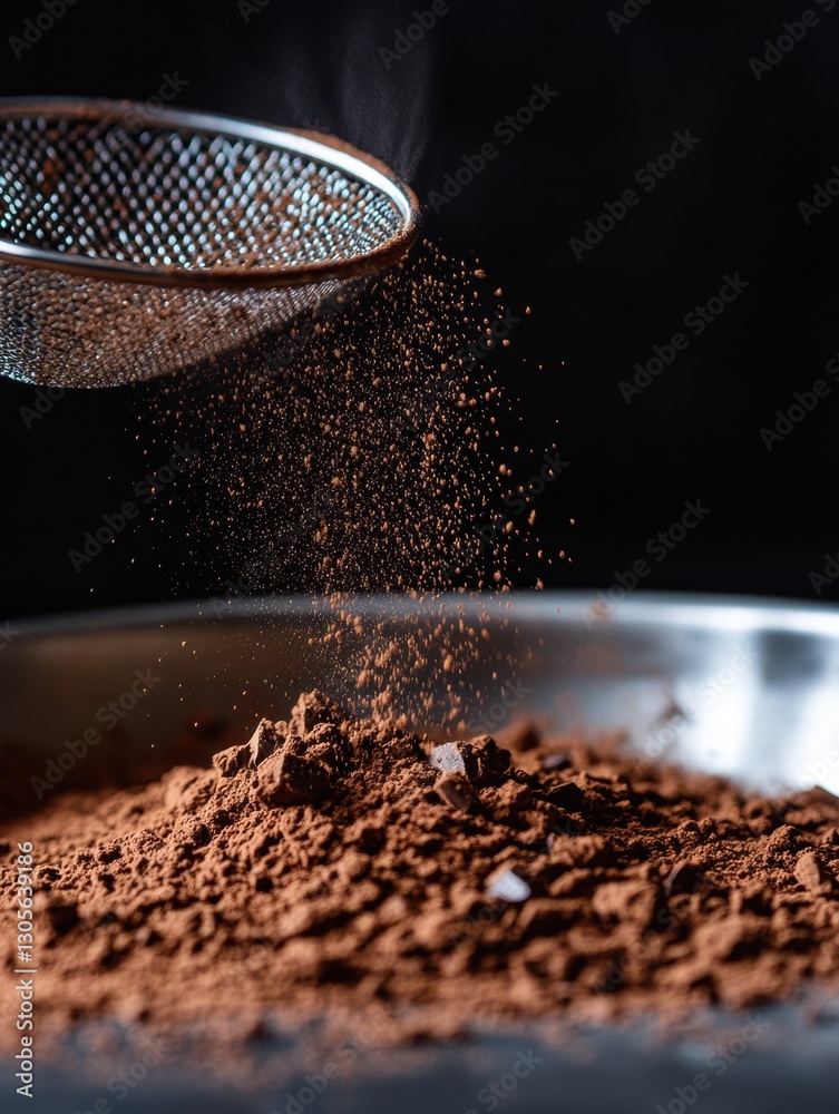 Poster Sifting cocoa powder into a silver bowl creating a fine texture for baking. Generative AI