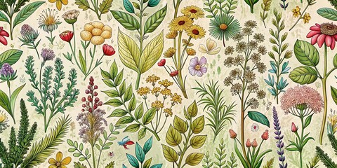 Rustic Herbal Garden Pattern Background:  Charming Botanical Illustration for Design Projects