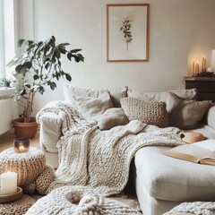 A cozy living room decorated with a comfortable sofa and plants