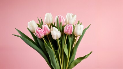 Fototapeta premium A bunch of white and pink tulips in a vase on a pink background.