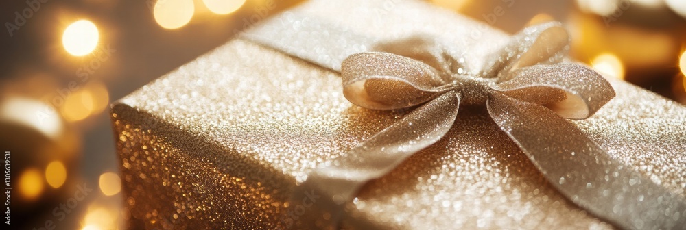 Poster gift wrapped in glittering gold with festive lights in the background creating a cheerful holiday at