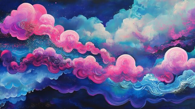 Bright electric blue and magenta clouds, bold and vibrant with fluid glossy patterns
