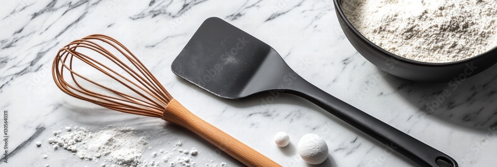 Fototapete baking tools arranged neatly on a marble countertop with flour and sugar scattered around. generativ