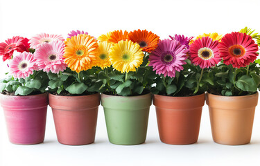 Fototapeta premium row of colorful pots with different color gerbera daisies,
