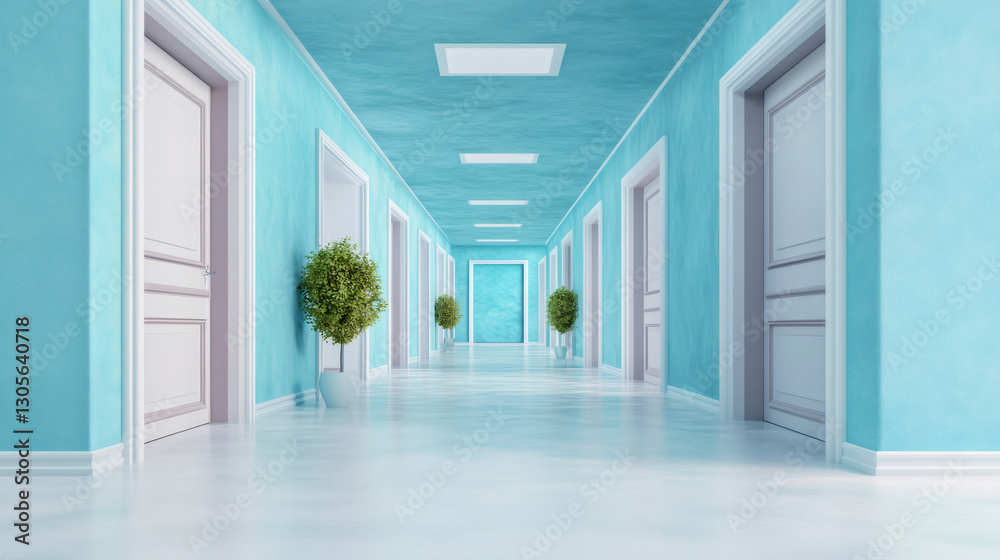 Poster empty turquoise hallway with white doors and potted plants creating a peaceful and inviting atmosphe