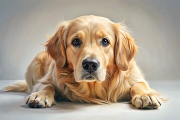 Sad Golden Retriever Dog Lying on White Floor - Bored Unhappy Puppy Portrait