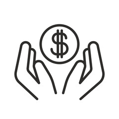 hands holding dollar coin icon, money savings, cash thin line vector illustration eps10