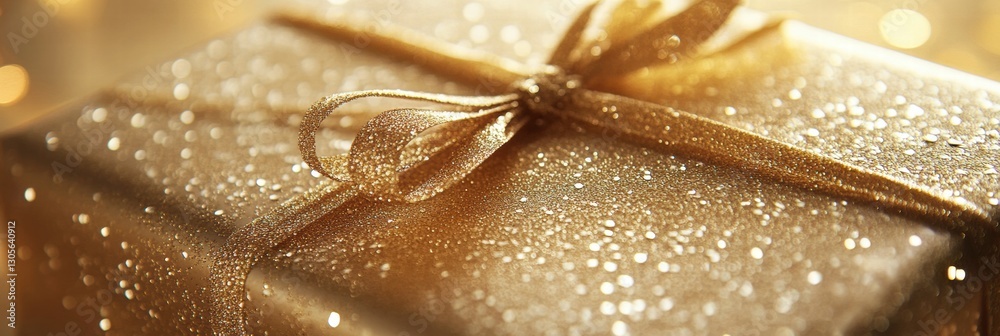 Poster gift wrapped in golden paper with a shiny ribbon set against a blurred festive background. generativ