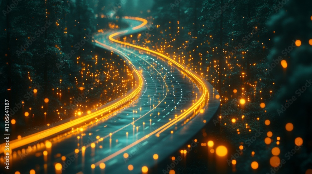 Poster digital roadmap for business process modernization. dynamic glowing path illustrates digital transfo