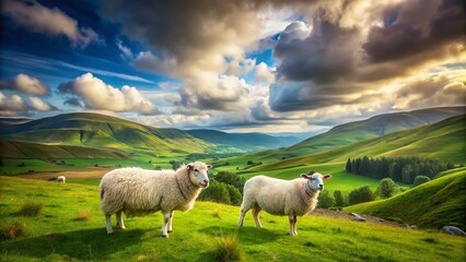 Obraz premium Scottish Highland Sheep Grazing on Lush Green Meadow - Idyllic Pastoral Scene