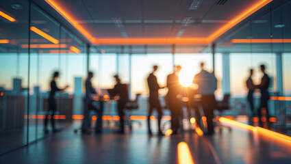 Silhouetted business team meets in a modern office against a vibrant sunset over the city.