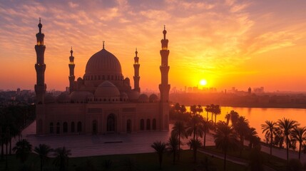 Silhouetted mosque against a glowing orange sunset sky with palm trees. Generative AI