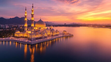Naklejka premium Stunning evening view of a large mosque by the water with mountain backdrop. Generative AI